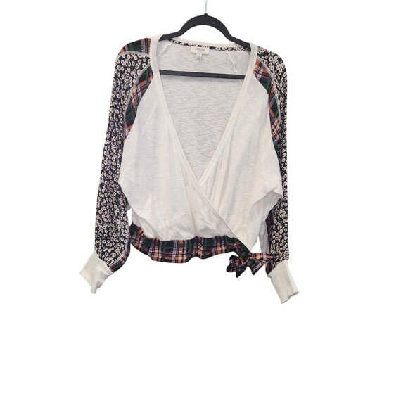 Umgee Womens S  Boho Wrap Style Top With Mixed Print Sleeves  Plaid Tie Hem 2546 - Picture 1 of 7